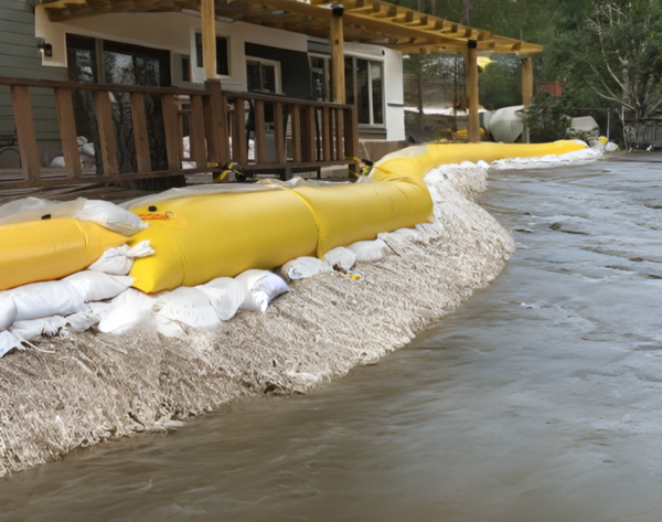 Water-filled flood barrier protecting a property