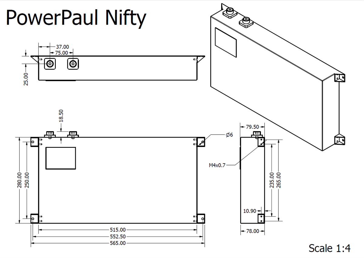 PowerPaul Nifty Lithium Slim Line Battery 12.8v 160Ah Dimensions Sheet