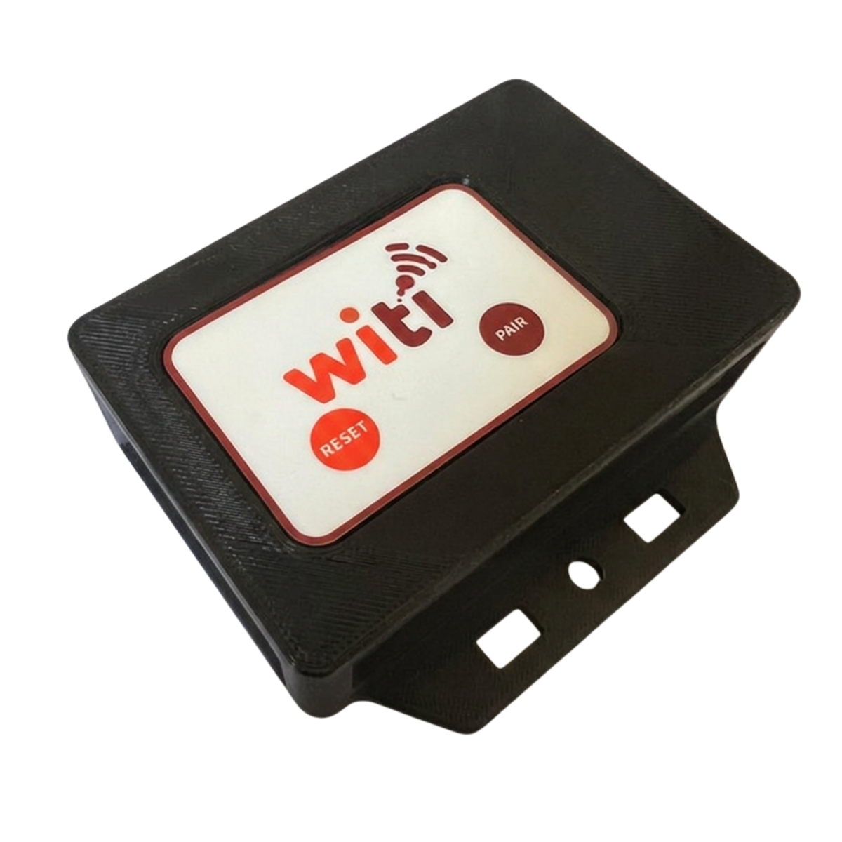 WiTi SafeLink Wireless Towing Interface: angled view of the compact under-vehicle unit with mounting tabs
