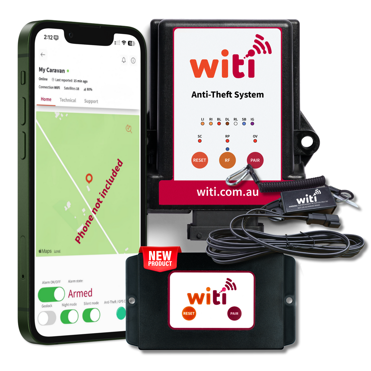 WiTi Anti-Theft, Breakaway Switch & SafeTrack GPS Bundle with the SafeTrack app on a phone