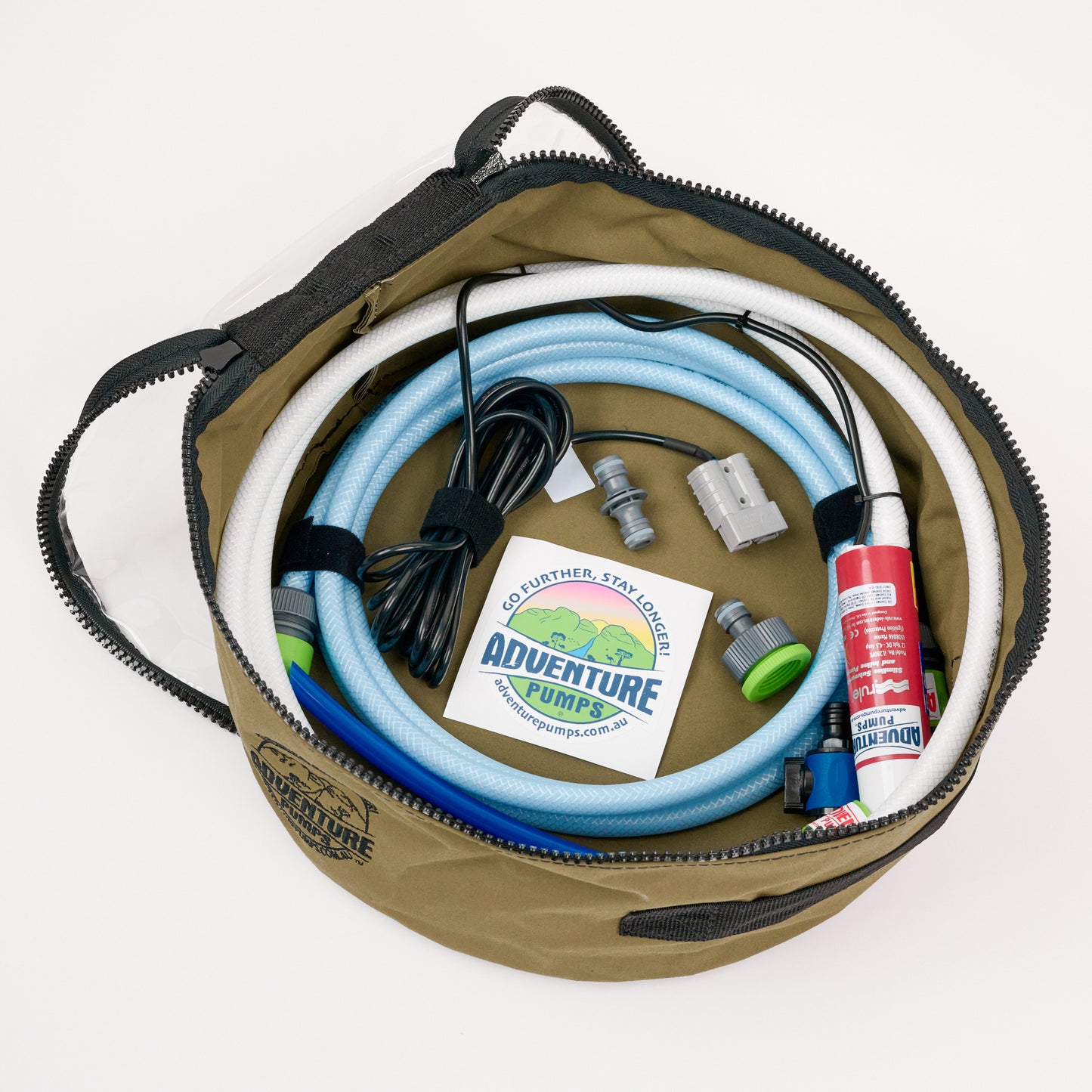 Adventure Pumps Universal Bundle containing hoses, connectors, and a pump on a white background