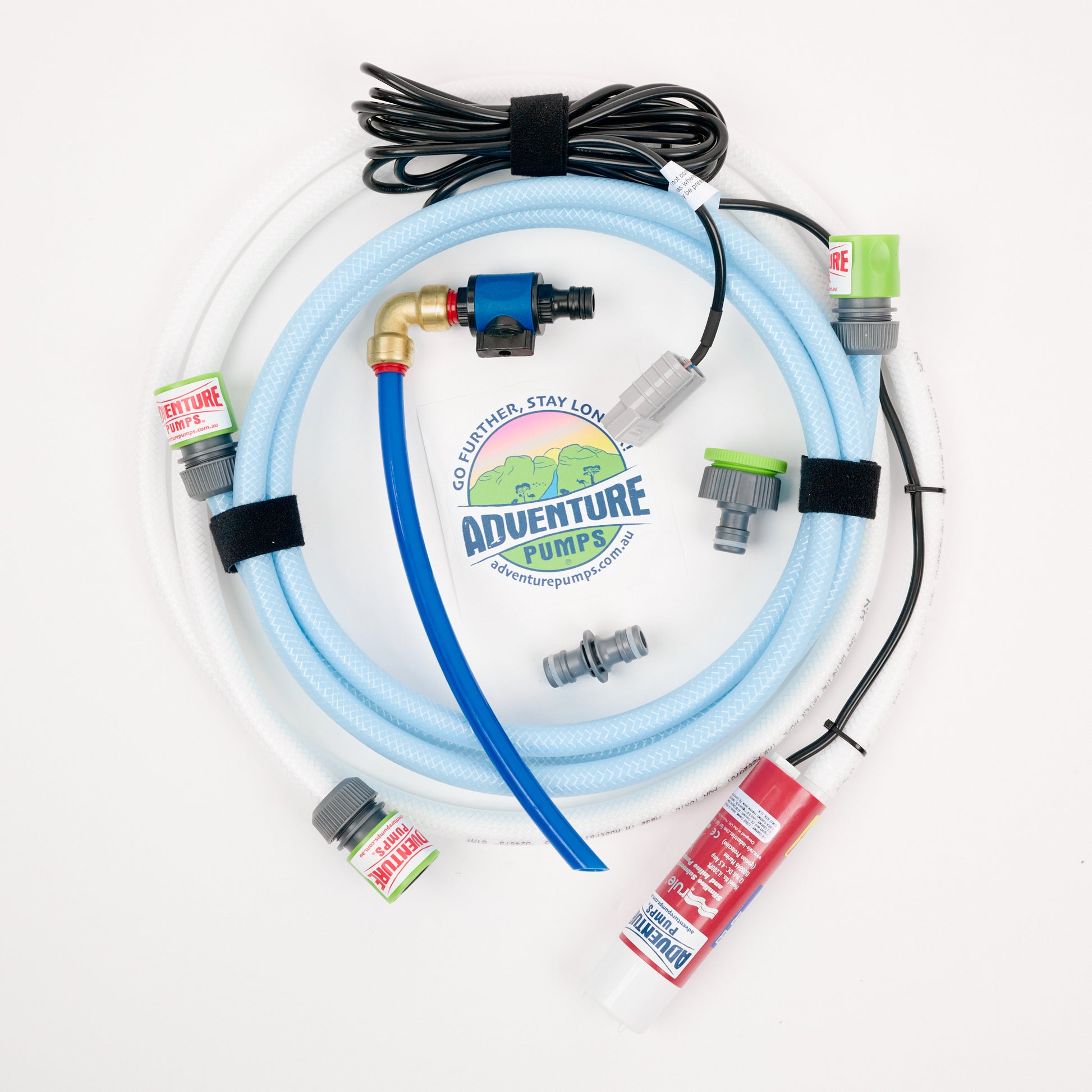 Adventure Pumps - Universal 12V Water Transfer Pump Kit Bundle (WITH Canvas Bag) Anderson Plug Compatible - Kit Contents Pump kit with hoses and connectors on a white background, featuring Adventure Pumps branding.