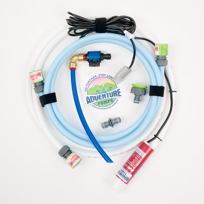 Adventure Pumps - Universal 12V Water Transfer Pump Kit Bundle (WITH Canvas Bag) Anderson Plug Compatible - Kit Contents Pump kit with hoses and connectors on a white background, featuring Adventure Pumps branding.
