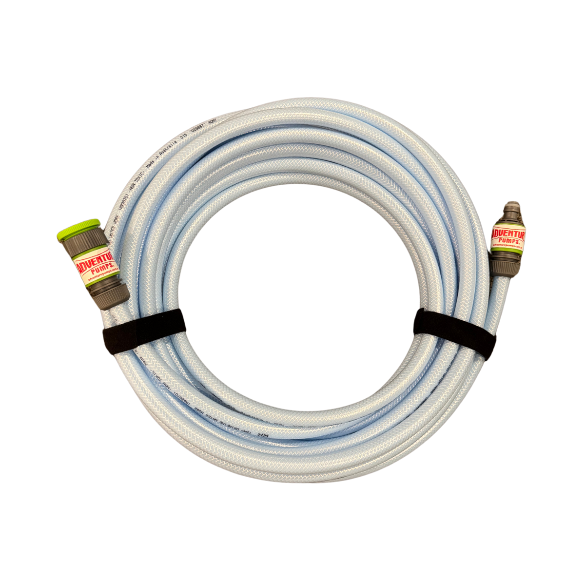 A coiled blue 10 meter extension hose with green Adveture Pumps fittings and a label indicating it is for food grade use.
