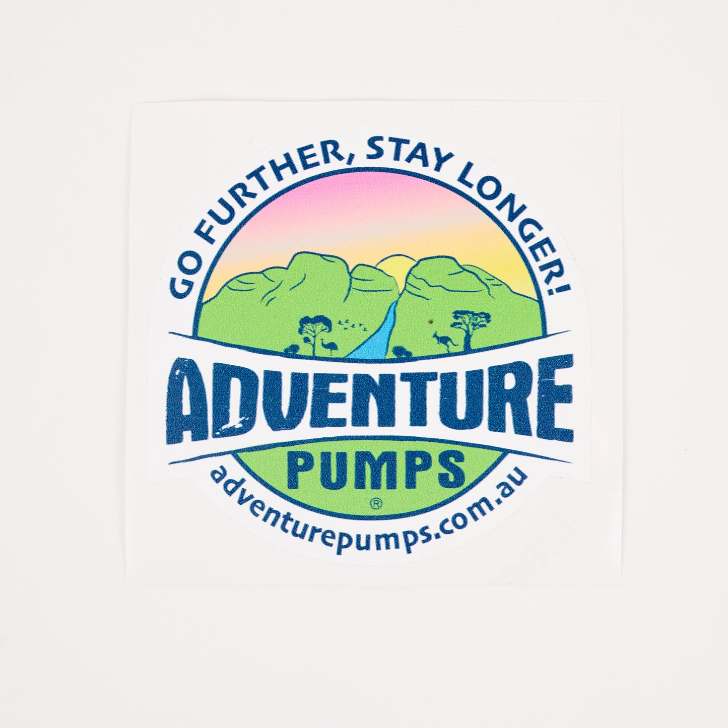 Sticker - Logo of Adventure Pumps with mountains and text on a white background