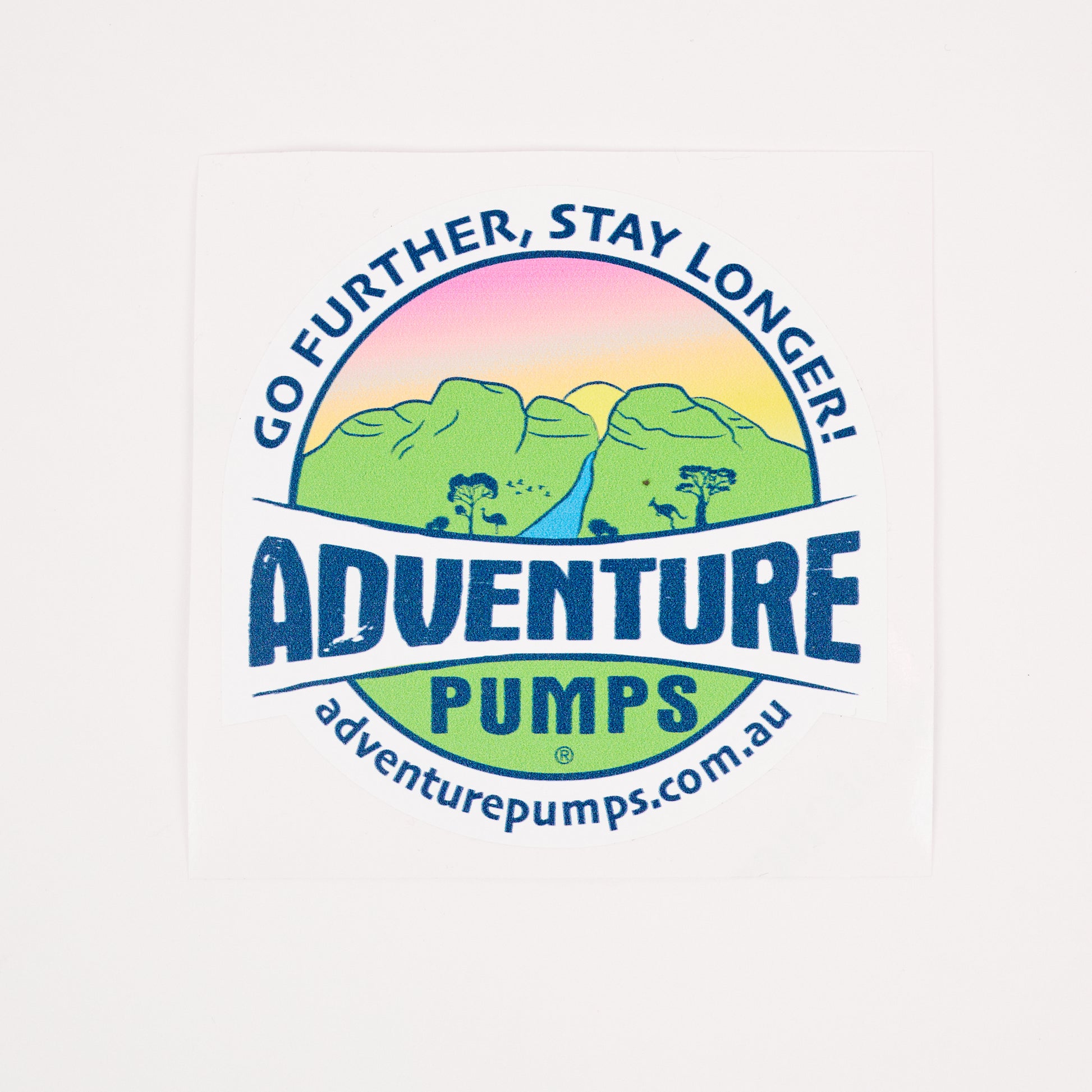 Sticker - Logo of Adventure Pumps with mountains and text on a white background