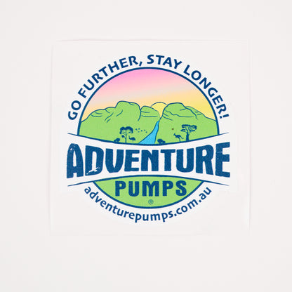 Sticker - Logo of Adventure Pumps with mountains and text on a white background