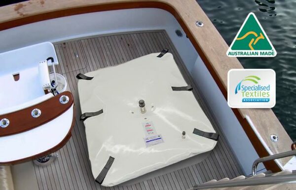 Fleximake fuel bladder tank secured on the rear deck of a boat