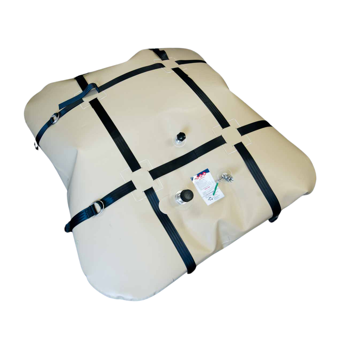 A Fleximake 500L Flexible Pillow Fuel Bladder beige diesel fuel bladder tank with black straps .