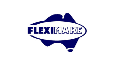 Blue and white logo with 'FLEXIMAKE' text on a white background