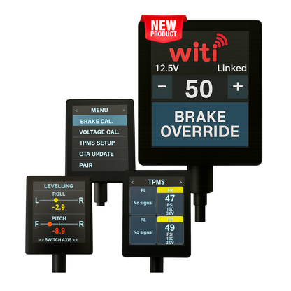 New product WiTi Brake Controller V3 electronic devices with digital displays showing various readings and settings.