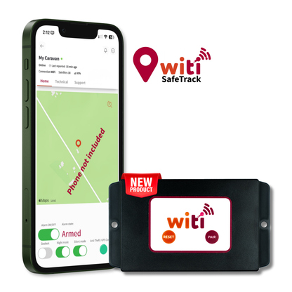 Smartphone displaying witi SafeTrack app and witi safetrack GPS device on a white background